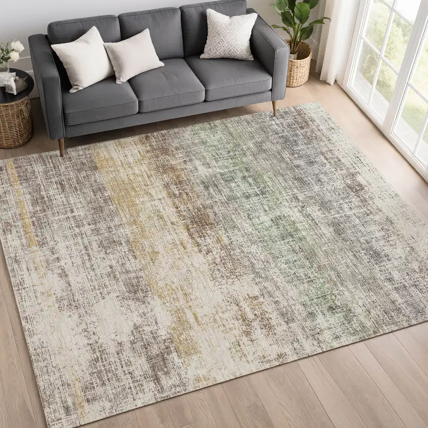 Beige And Brown Striped Washable Indoor Outdoor Area Rug Photo 5