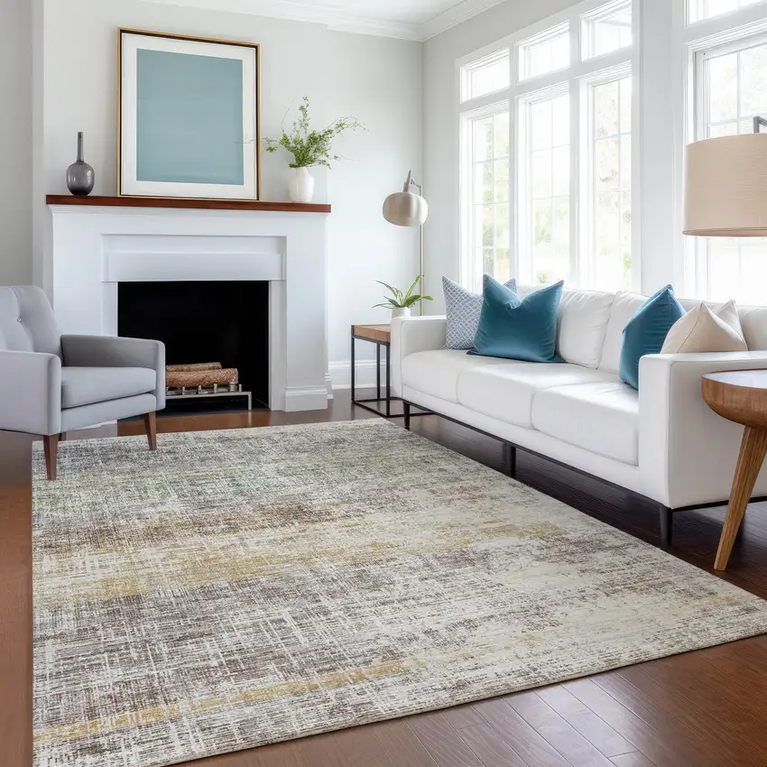 Beige And Brown Striped Washable Indoor Outdoor Area Rug Photo 6