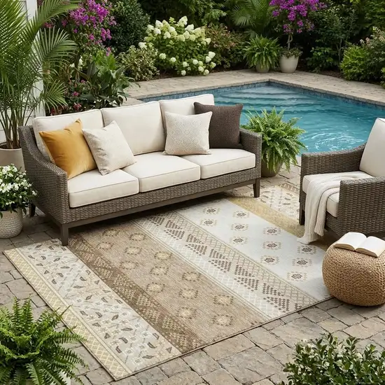 Beige And Brown Striped Washable Indoor Outdoor Area Rug Photo 1