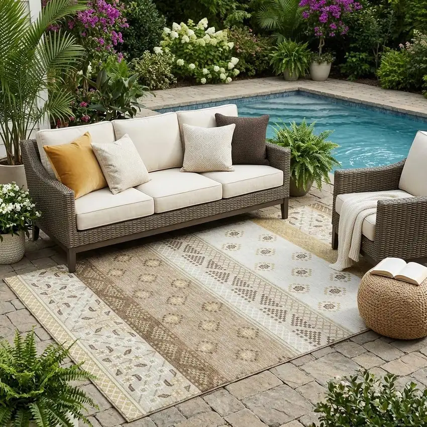 Beige And Brown Striped Washable Indoor Outdoor Area Rug Photo 1