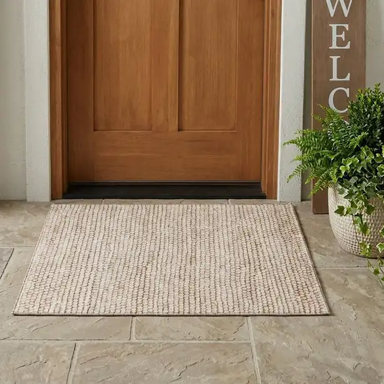Beige And Brown Striped Washable Indoor Outdoor Area Rug Photo 1