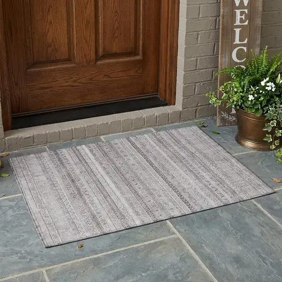 Beige And Brown Striped Washable Indoor Outdoor Area Rug Photo 1