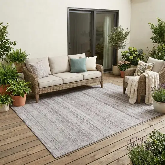 Beige And Brown Striped Washable Indoor Outdoor Area Rug Photo 1