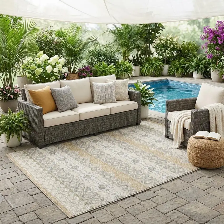 Beige And Brown Striped Washable Indoor Outdoor Area Rug Photo 1