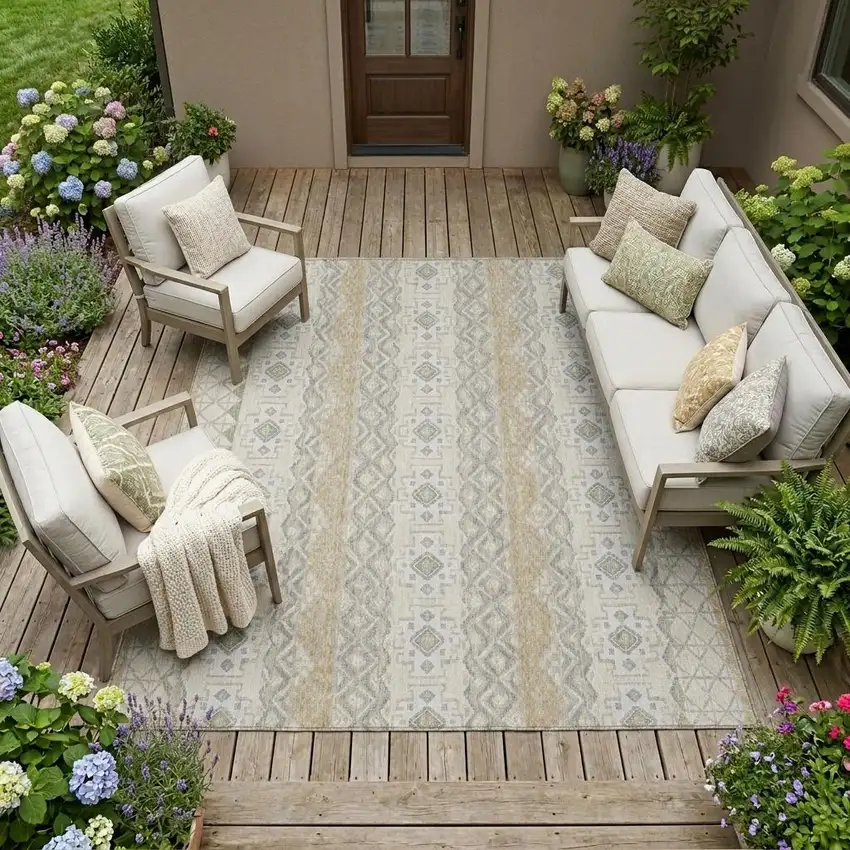 Beige And Brown Striped Washable Indoor Outdoor Area Rug Photo 1