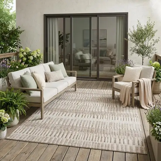 Beige And Brown Striped Washable Indoor Outdoor Area Rug Photo 1