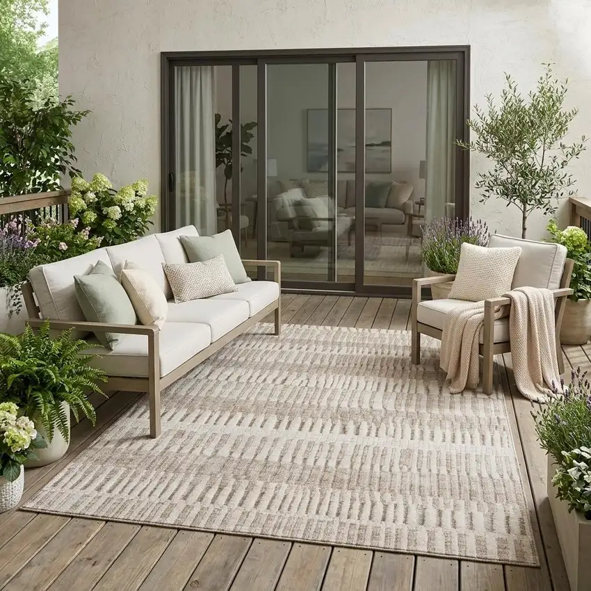 Beige And Brown Striped Washable Indoor Outdoor Area Rug Photo 1