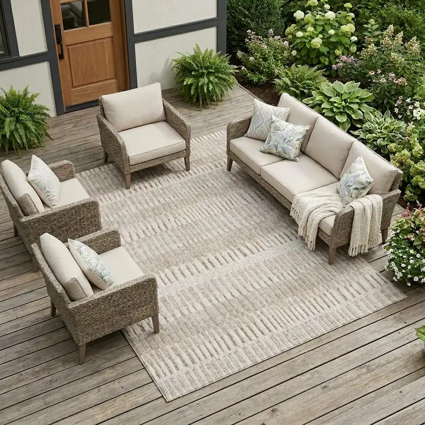 Beige And Brown Striped Washable Indoor Outdoor Area Rug Photo 1
