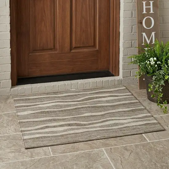 Beige And Brown Striped Washable Indoor Outdoor Area Rug Photo 1