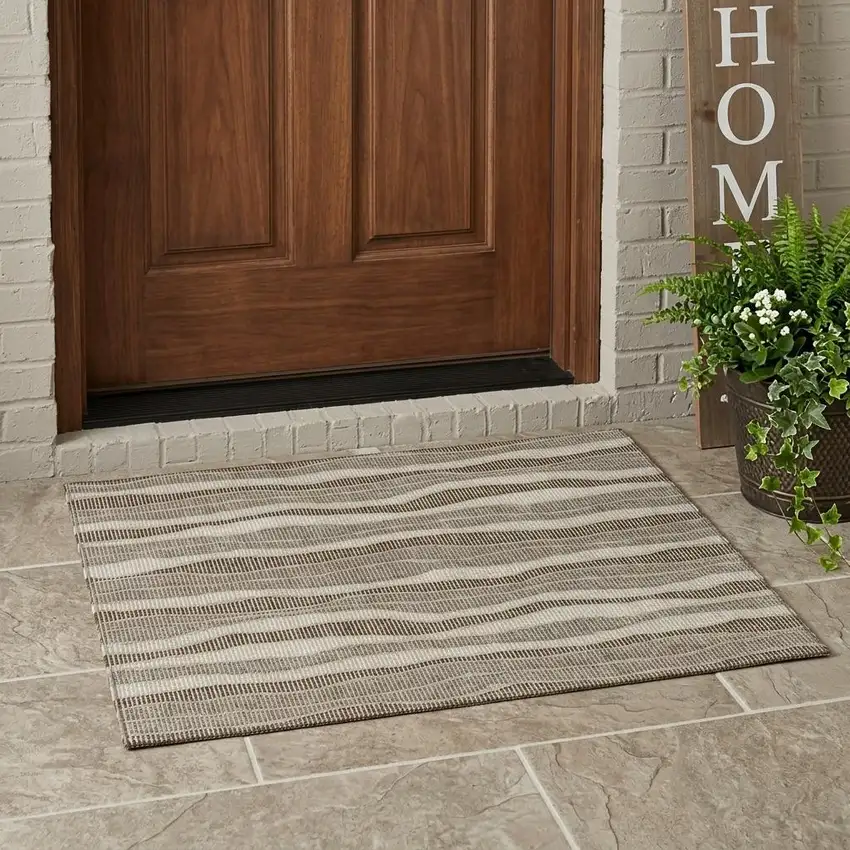 Beige And Brown Striped Washable Indoor Outdoor Area Rug Photo 1