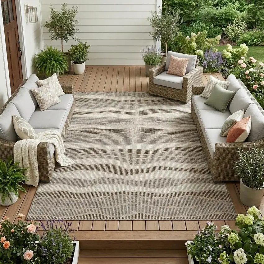 Beige And Brown Striped Washable Indoor Outdoor Area Rug Photo 1