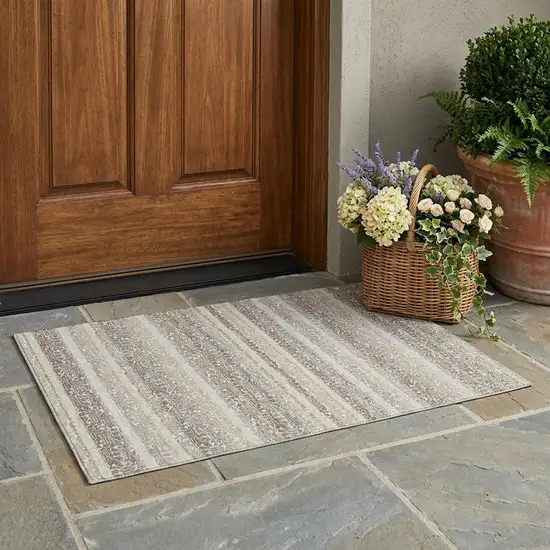 Beige And Brown Striped Washable Indoor Outdoor Area Rug Photo 1