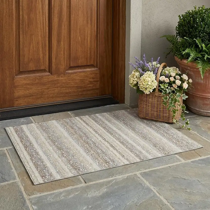 Beige And Brown Striped Washable Indoor Outdoor Area Rug Photo 1