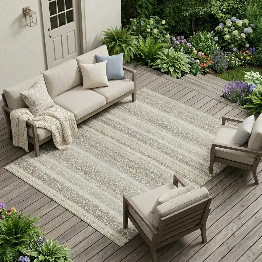 Beige And Brown Striped Washable Indoor Outdoor Area Rug Photo 1