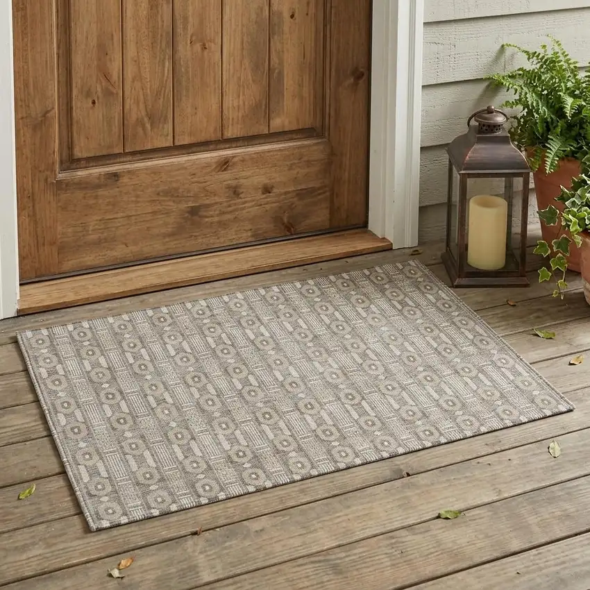 Beige And Brown Striped Washable Indoor Outdoor Area Rug Photo 1
