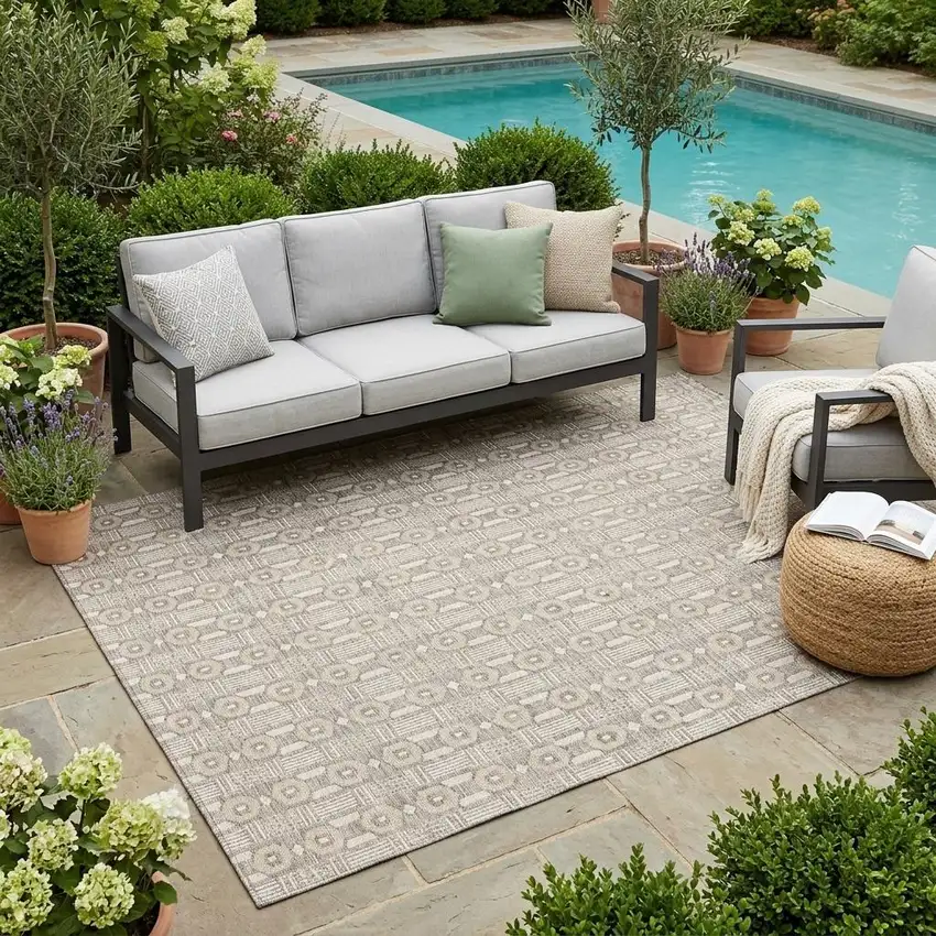 Beige And Brown Striped Washable Indoor Outdoor Area Rug Photo 1