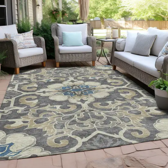 Beige And Charcoal Damask Washable Indoor Outdoor Area Rug Photo 5
