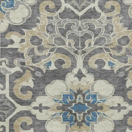 Beige And Charcoal Damask Washable Indoor Outdoor Area Rug Photo 3