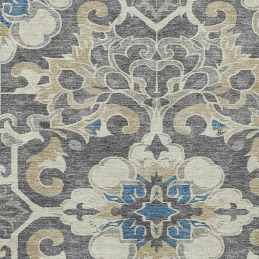 Beige And Charcoal Damask Washable Indoor Outdoor Area Rug Photo 3