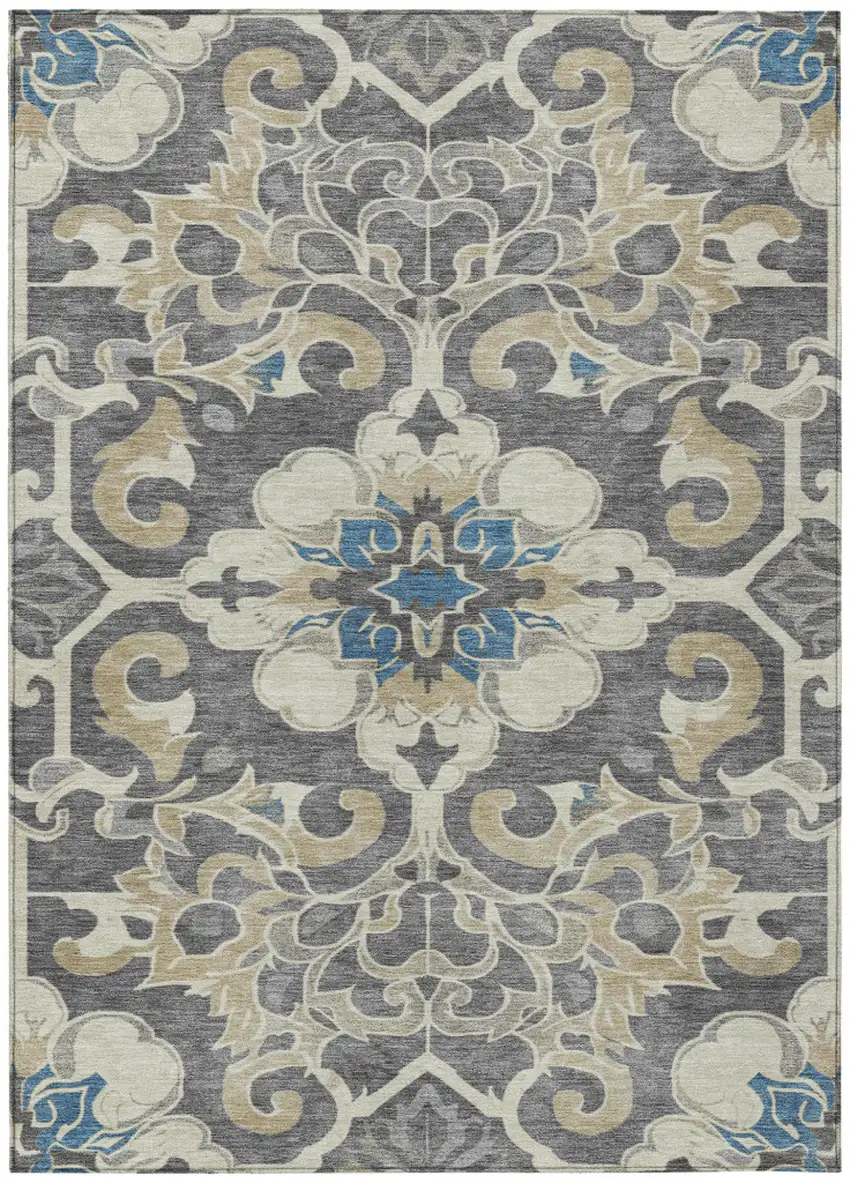Beige And Charcoal Damask Washable Indoor Outdoor Area Rug Photo 1