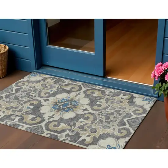 Beige And Charcoal Damask Washable Indoor Outdoor Area Rug Photo 2