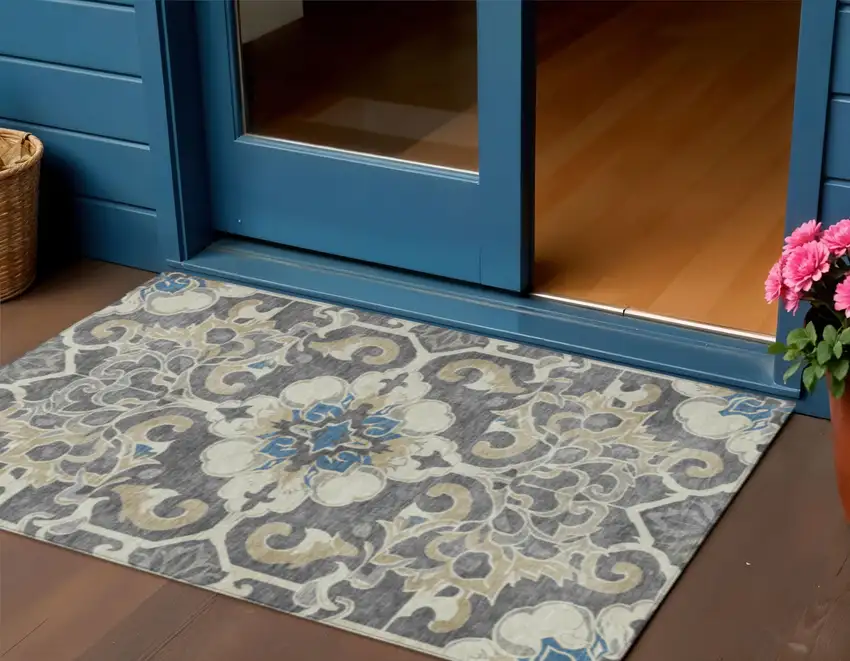 Beige And Charcoal Damask Washable Indoor Outdoor Area Rug Photo 2