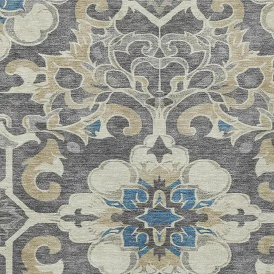 Beige And Charcoal Damask Washable Indoor Outdoor Area Rug Photo 7