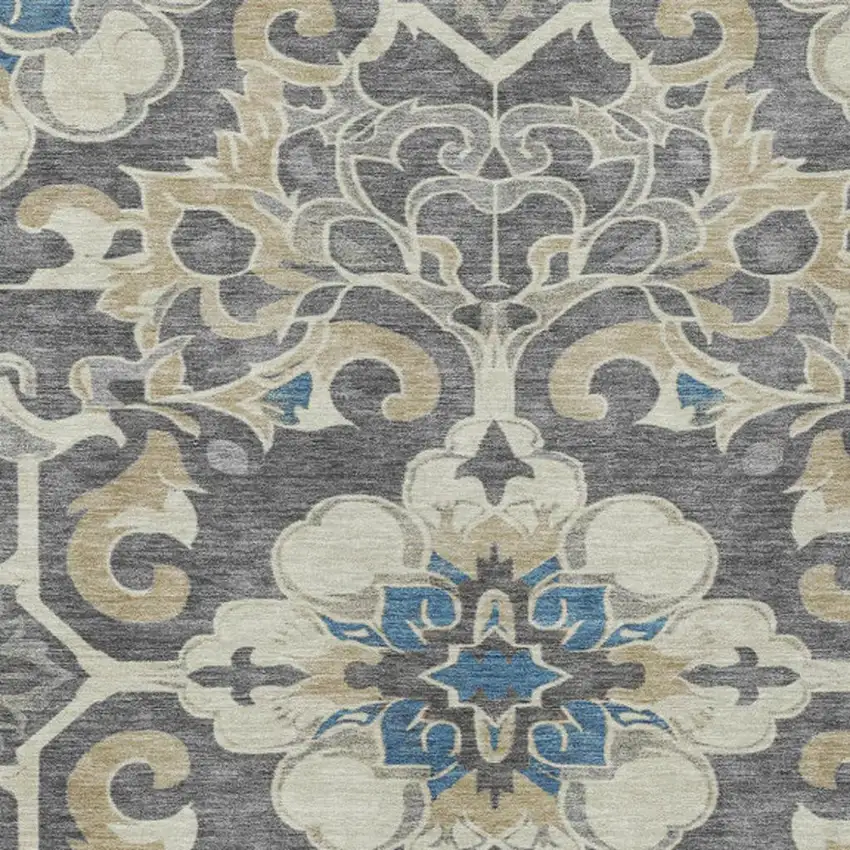 Beige And Charcoal Damask Washable Indoor Outdoor Area Rug Photo 7