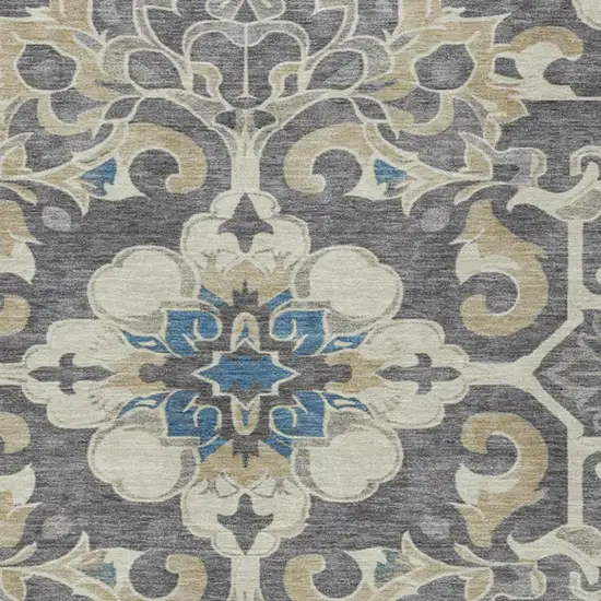 Beige And Charcoal Damask Washable Indoor Outdoor Area Rug Photo 4