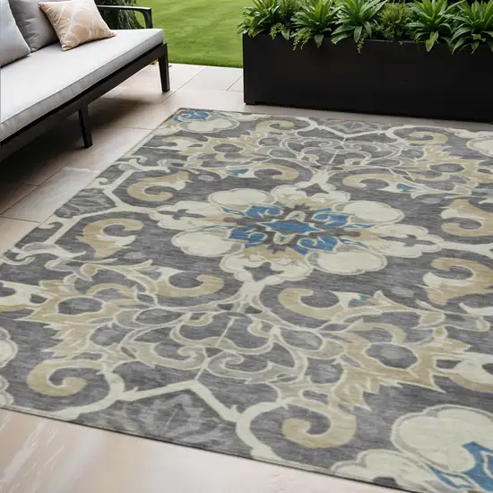 Beige And Charcoal Damask Washable Indoor Outdoor Area Rug Photo 2