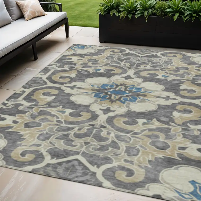 Beige And Charcoal Damask Washable Indoor Outdoor Area Rug Photo 2