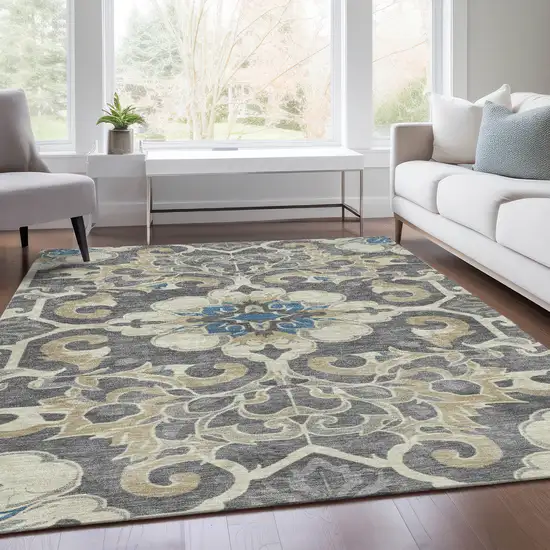 Beige And Charcoal Damask Washable Indoor Outdoor Area Rug Photo 7