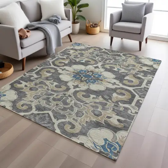 Beige And Charcoal Damask Washable Indoor Outdoor Area Rug Photo 6