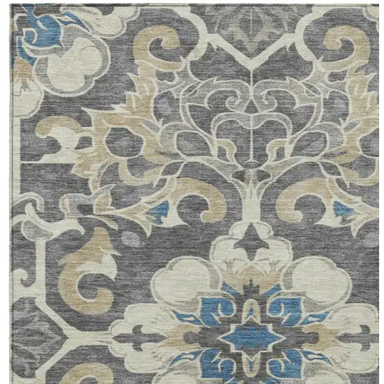 Beige And Charcoal Damask Washable Indoor Outdoor Area Rug Photo 7