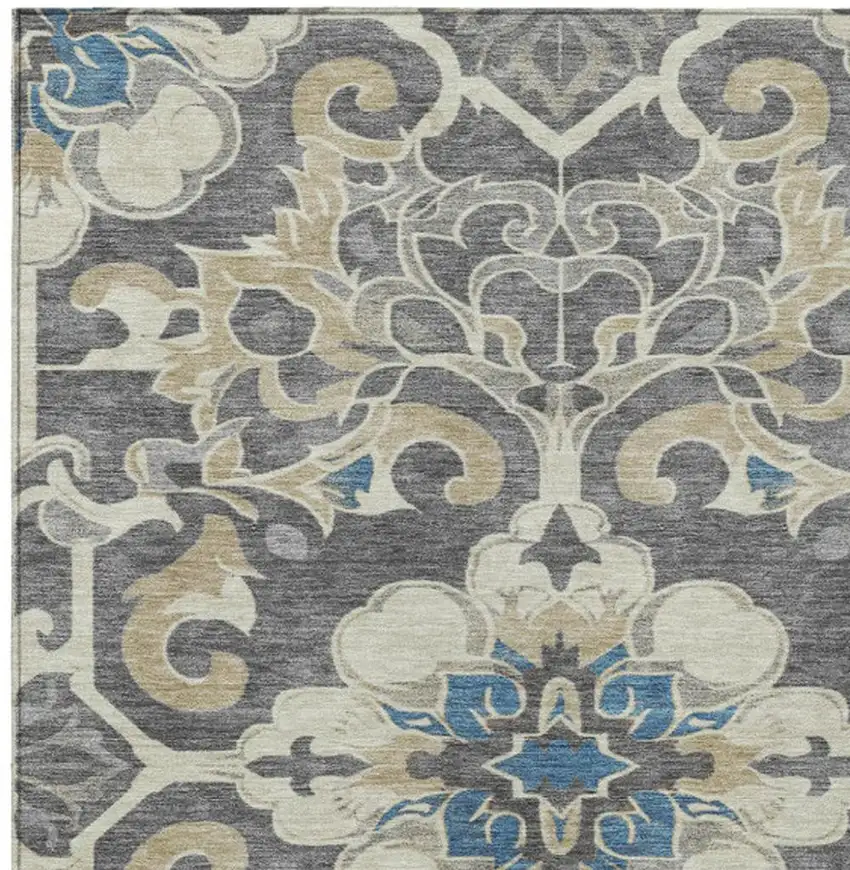 Beige And Charcoal Damask Washable Indoor Outdoor Area Rug Photo 7