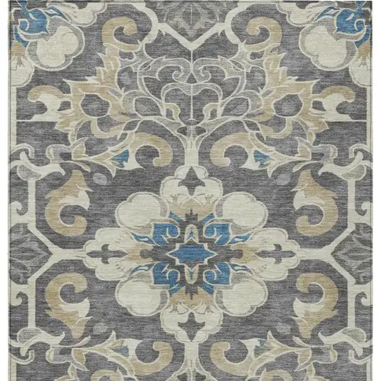 Beige And Charcoal Damask Washable Indoor Outdoor Area Rug Photo 9
