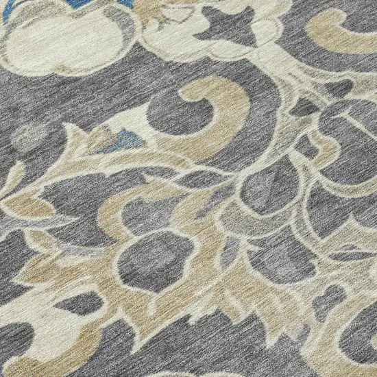 Beige And Charcoal Damask Washable Indoor Outdoor Area Rug Photo 9