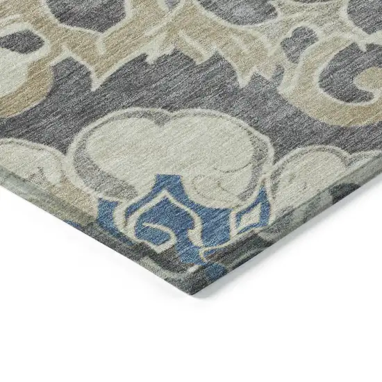 Beige And Charcoal Damask Washable Indoor Outdoor Area Rug Photo 6