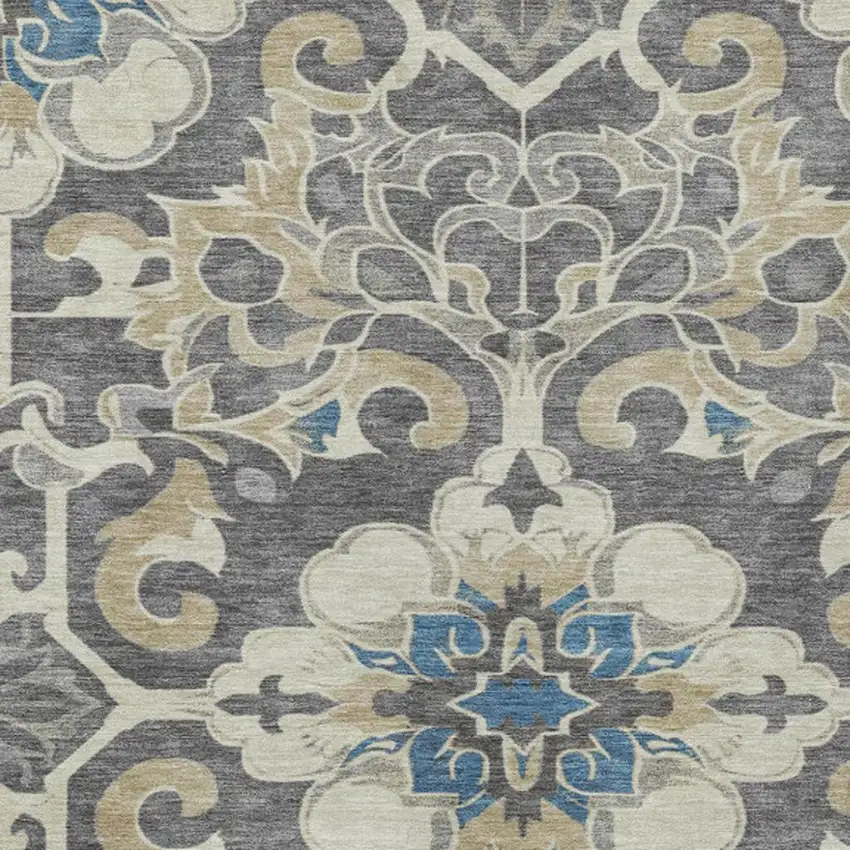 Beige And Charcoal Damask Washable Indoor Outdoor Area Rug Photo 3