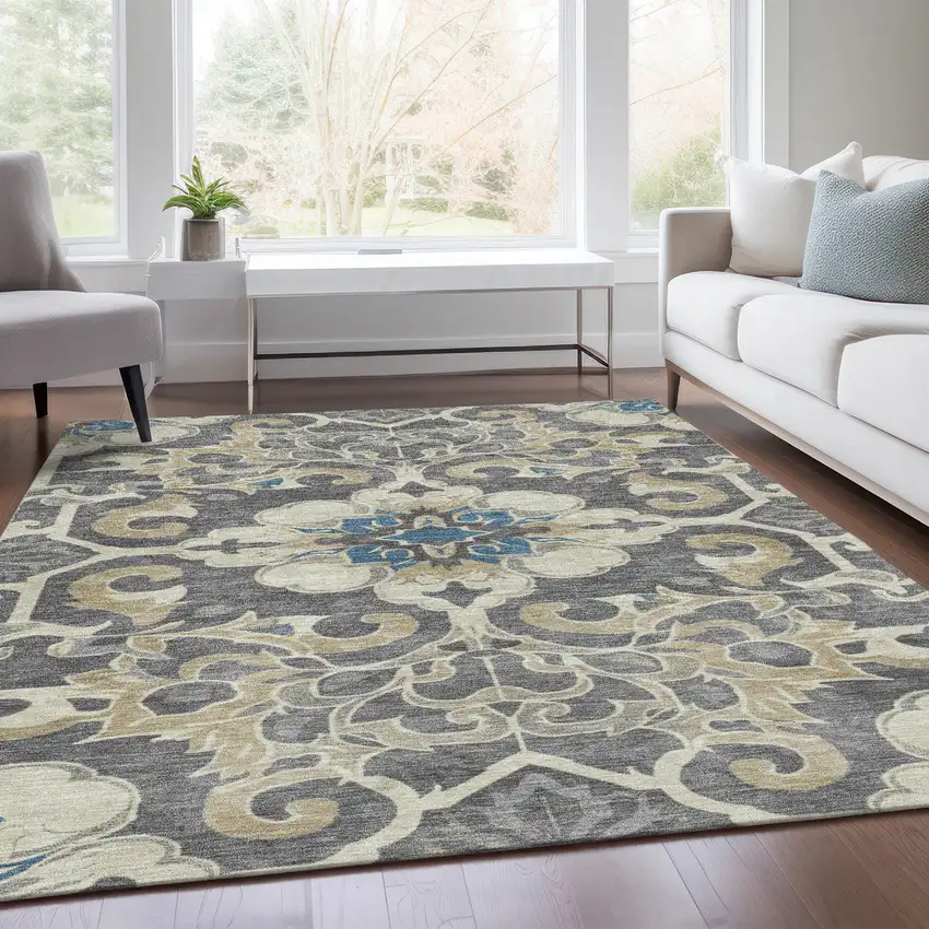 Beige And Charcoal Damask Washable Indoor Outdoor Area Rug Photo 7