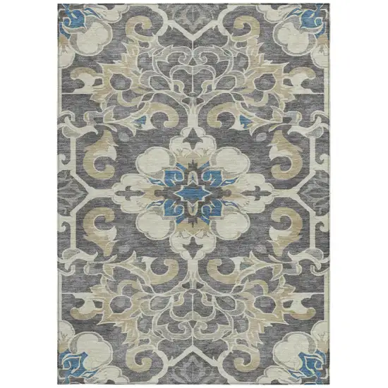 Beige And Charcoal Damask Washable Indoor Outdoor Area Rug Photo 4