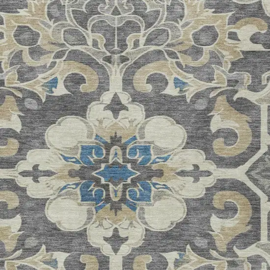 Beige And Charcoal Damask Washable Indoor Outdoor Area Rug Photo 7