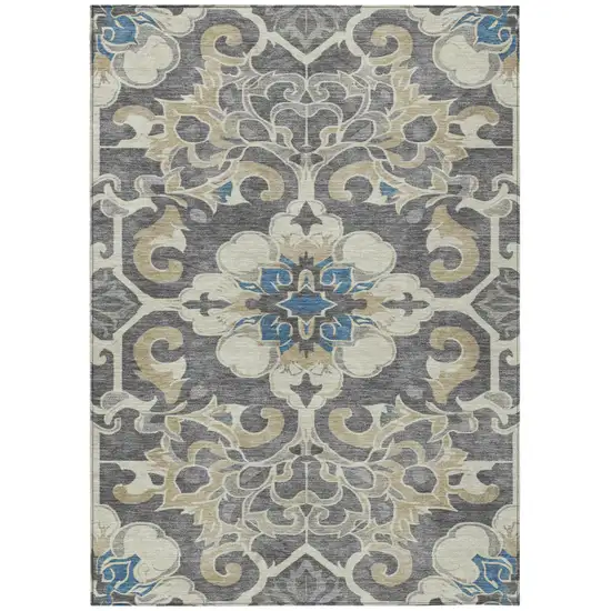 Beige And Charcoal Damask Washable Indoor Outdoor Area Rug Photo 1