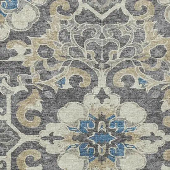 Beige And Charcoal Damask Washable Indoor Outdoor Area Rug Photo 3
