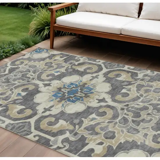 Beige And Charcoal Damask Washable Indoor Outdoor Area Rug Photo 2