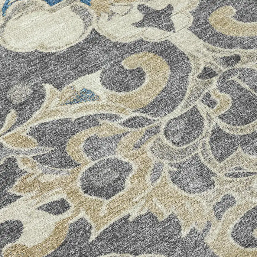 Beige And Charcoal Damask Washable Indoor Outdoor Area Rug Photo 9