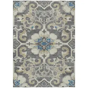 Photo of Beige And Charcoal Damask Washable Indoor Outdoor Area Rug