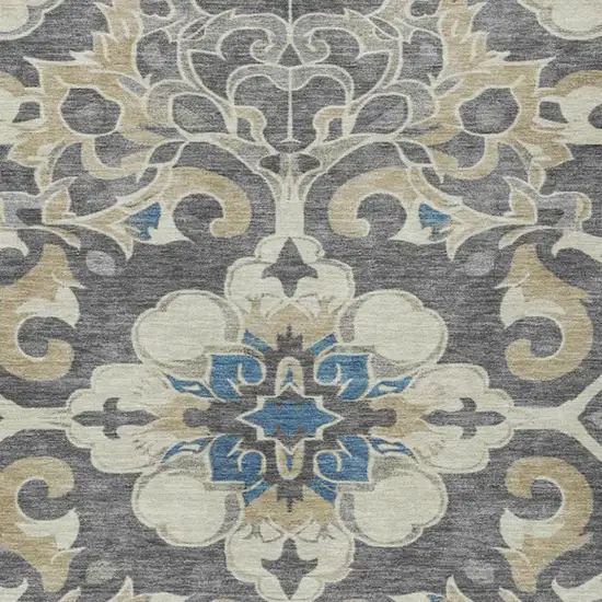 Beige And Charcoal Damask Washable Indoor Outdoor Area Rug Photo 4