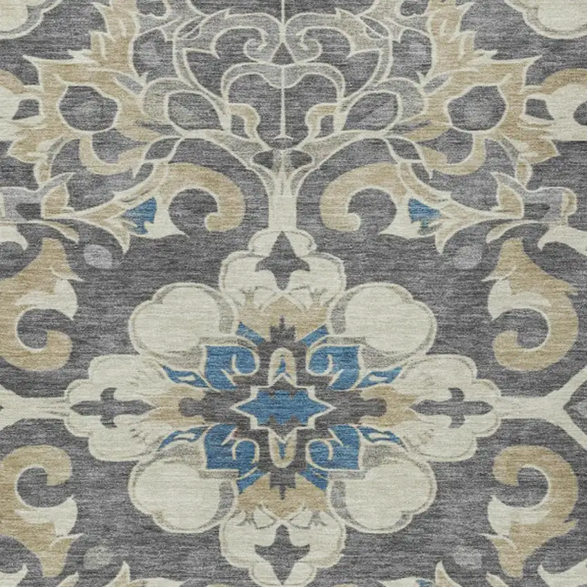 Beige And Charcoal Damask Washable Indoor Outdoor Area Rug Photo 4