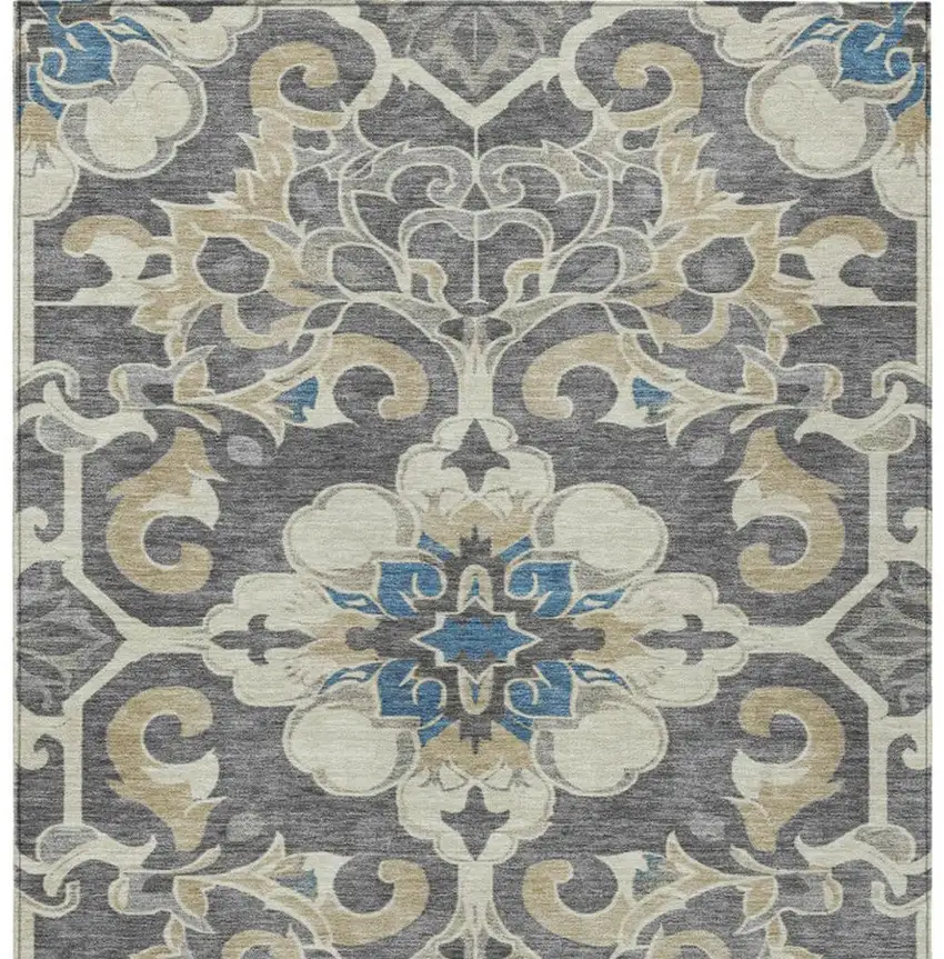 Beige And Charcoal Damask Washable Indoor Outdoor Area Rug Photo 9